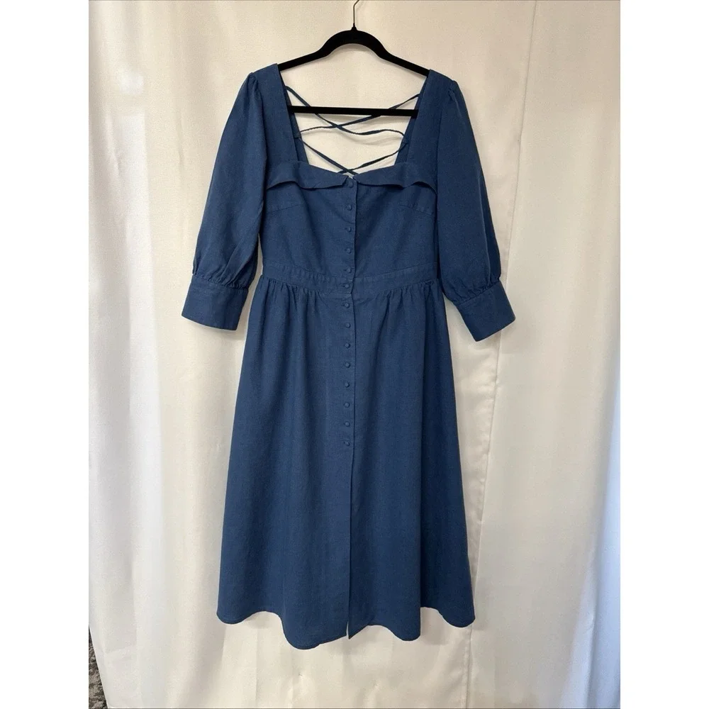 Gaala Paris Esther Midi Button Down Dress Sz 42 Blue Linen Cotton Blend Pockets